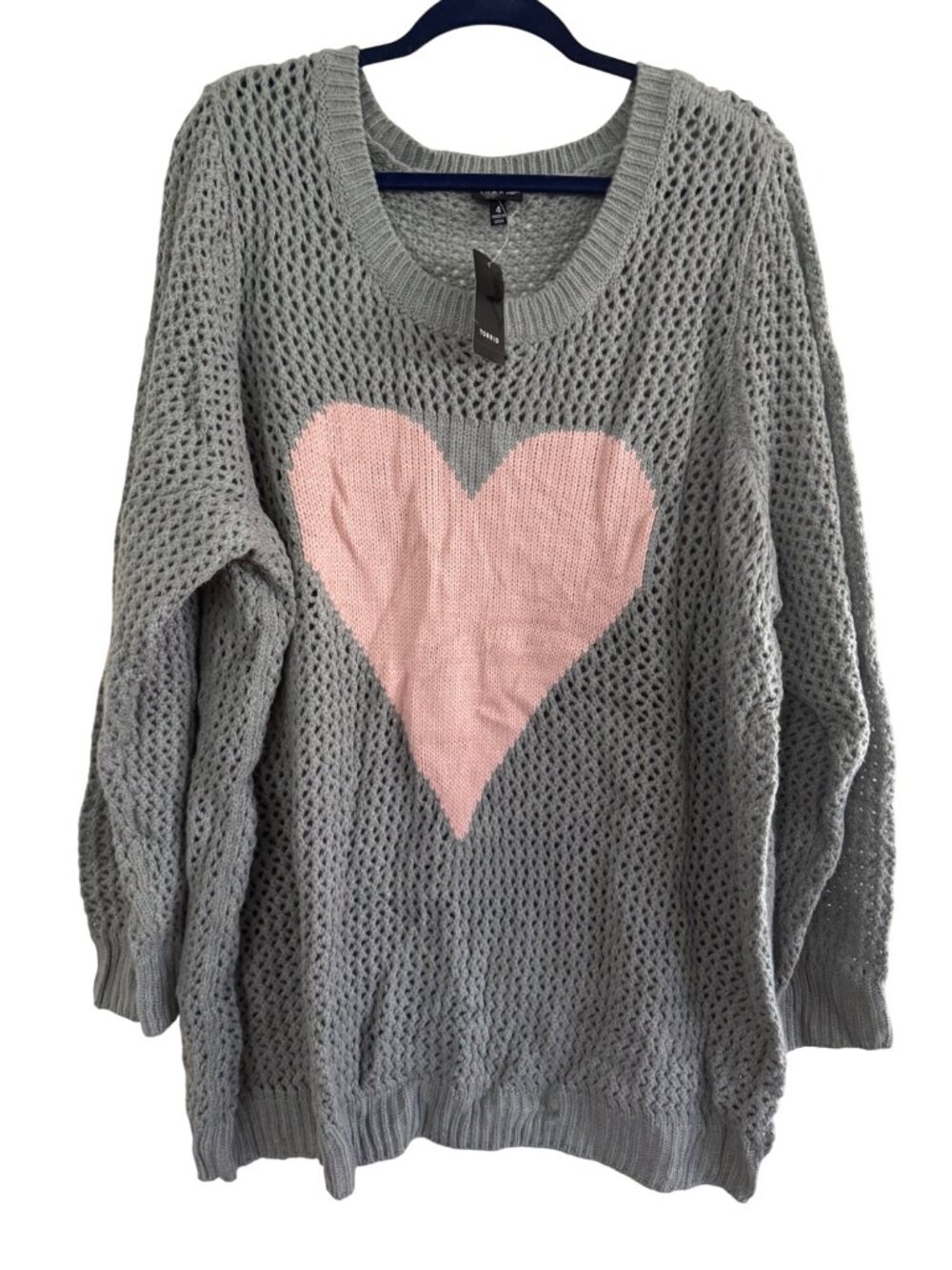 Torrid Womens Gray Open Knit Sweater With Pink Heart Design Size 4